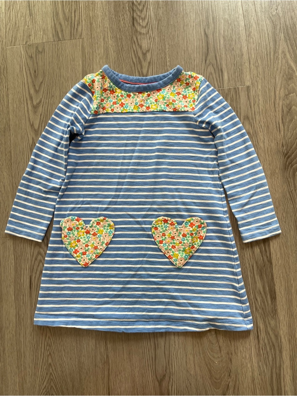 BODEN Blue & White Striped Girls Dress with Floral Heart Patches
